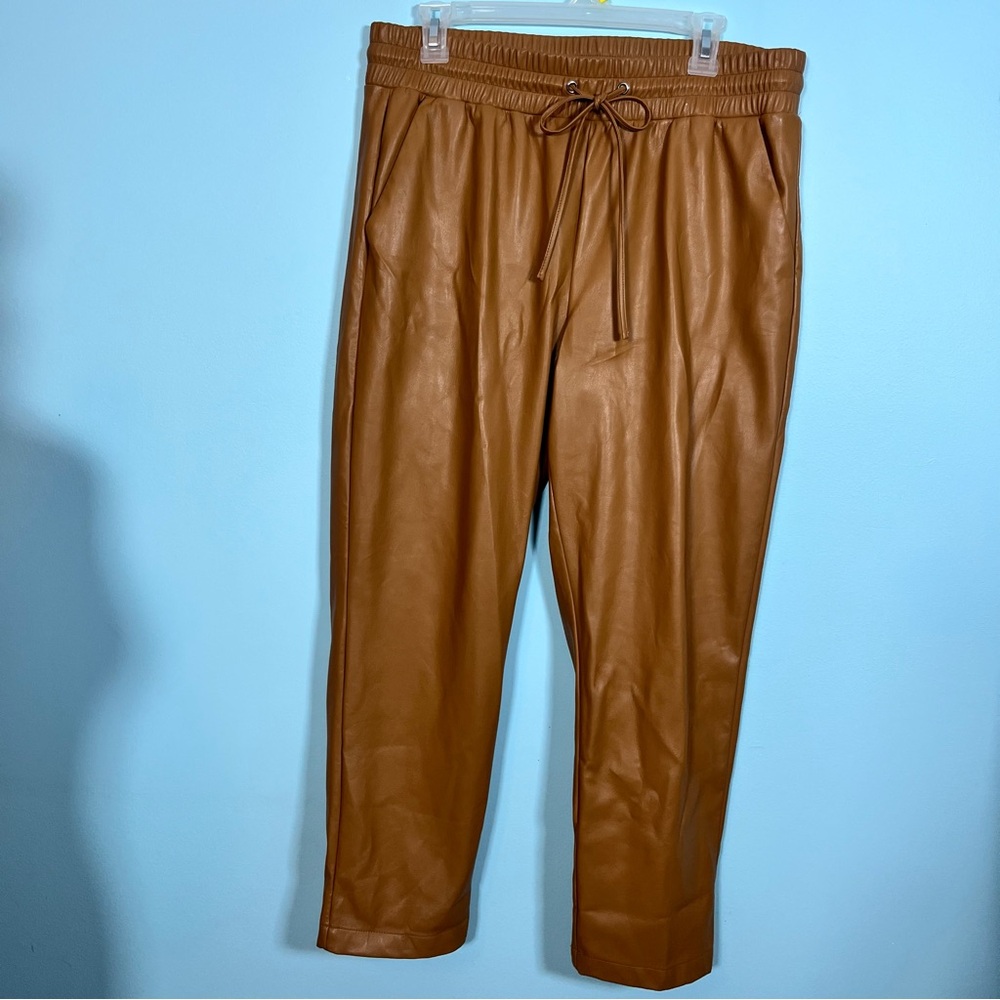 NWOT LOFT Faux‎ Leather Women Dark Tan Baggy Pants With Elastic Waistband Size L